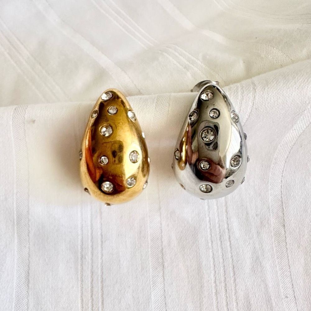 gold and silver mod style teardrop earrings with cubic zirconia earrings